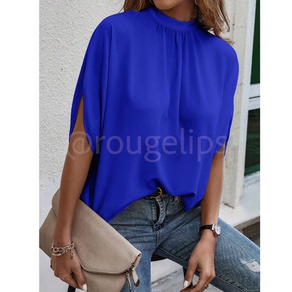 Royal Blue Blouse Top Flowy, High Neck - Picture 5 of 11